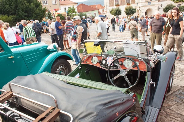 TISNOV, CZECH REPUBLIC - SEPTEMBER 3, 2016:  The traditional meeting of fans of vintage cars and motorbikes. An exhibition of old cars in the town square of Tisnov. Detail of veteran cars