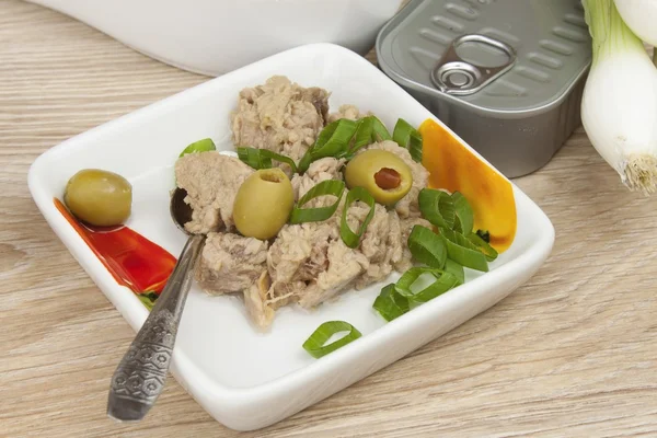 Can of tuna, a healthy meal with vegetables, fast food preparation