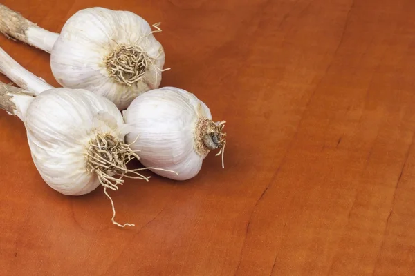 Homemade garlic grown in the garden. Traditional medicine against colds and flu. Strongly aromatic vegetables for cooking. Healthy ingredients for cooks. Garlic cloves on a wooden kitchen table.