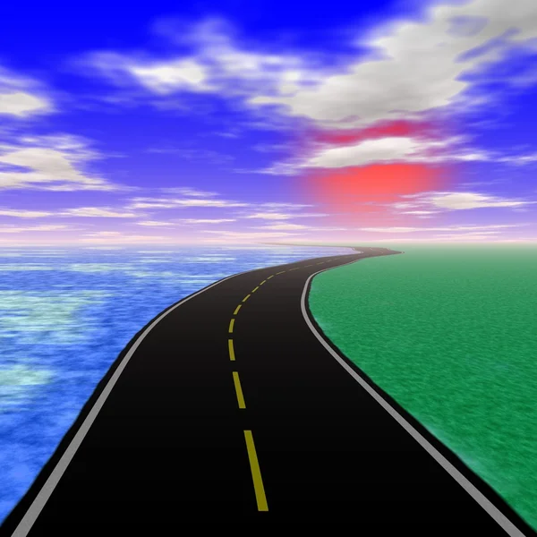 Asphalt road texture,yellow and white line on road. Open road highway with green grass and blue sky with an asphalt street. Road leading to the sun, the concept of the path to happiness.