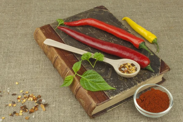 The book of old recipes. Chili peppers, ingredients for food preparation. Place for text. The menu for the restaurant.