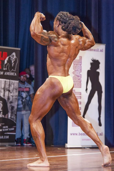 Male bodybuilder shows his back double biceps on stage