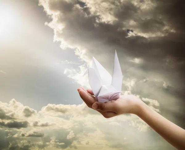 Hand holding bird paper origami under sunbeam