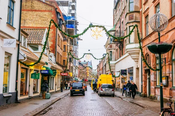 Streets of city Lund in the Christmas and holiday season in Sweden