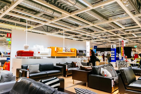 Interior of large IKEA store with a wide range of products in Malmo, Sweden. Ikea was founded in Sweden in 1943, Ikea is the world\'s largest furniture retailer.