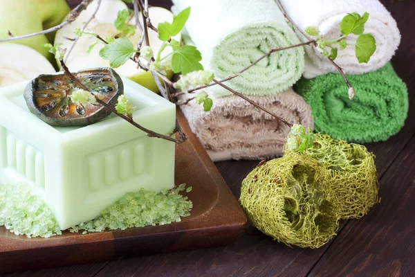 Spa soap with bathroom towels