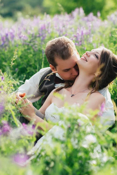 Portrait of the bride and groom resting on a lavender background