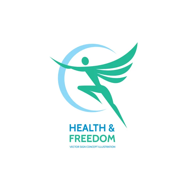 Health & freedom - vector logo template - human with wings. Human logo. Human icon. Human character illustration. Health logo. Sport logo. Fitness logo. Freedom logo. Flight logo. Happiness logo.