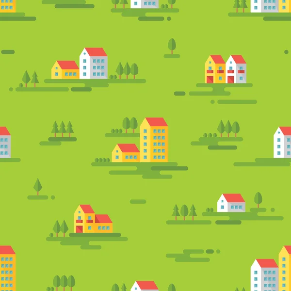 Landscape with buildings - vector background seamless pattern in flat style design. Buildings on green background. Real estate, cityscape, landscape seamless vector pattern background.