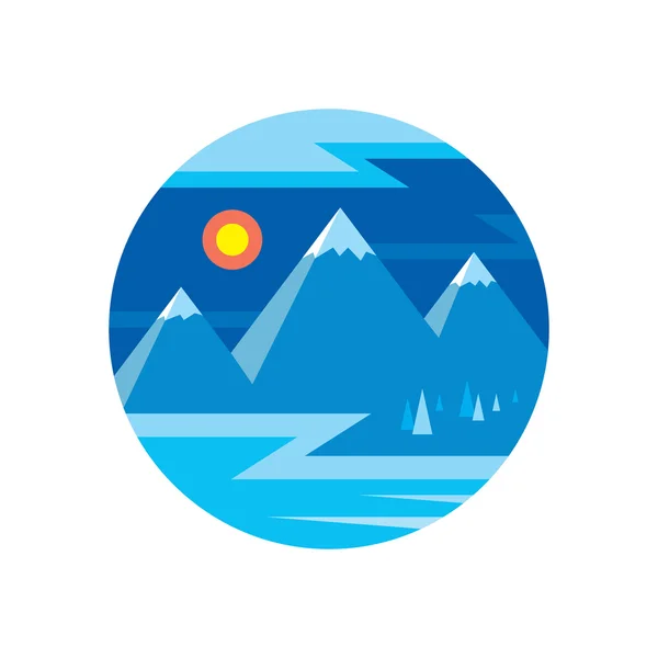 Winter landscape with mountains, lake, trees, sun and cloud - vector concept illustration in flat style design. Nature landscape in blue color.