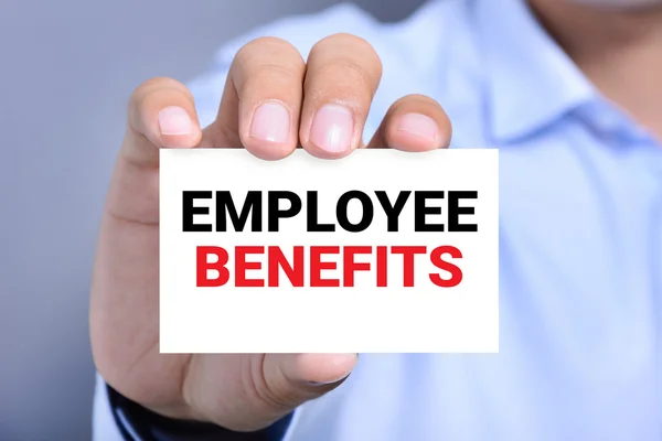 EMPLOYEE BENEFITS, message on business card shown by a man