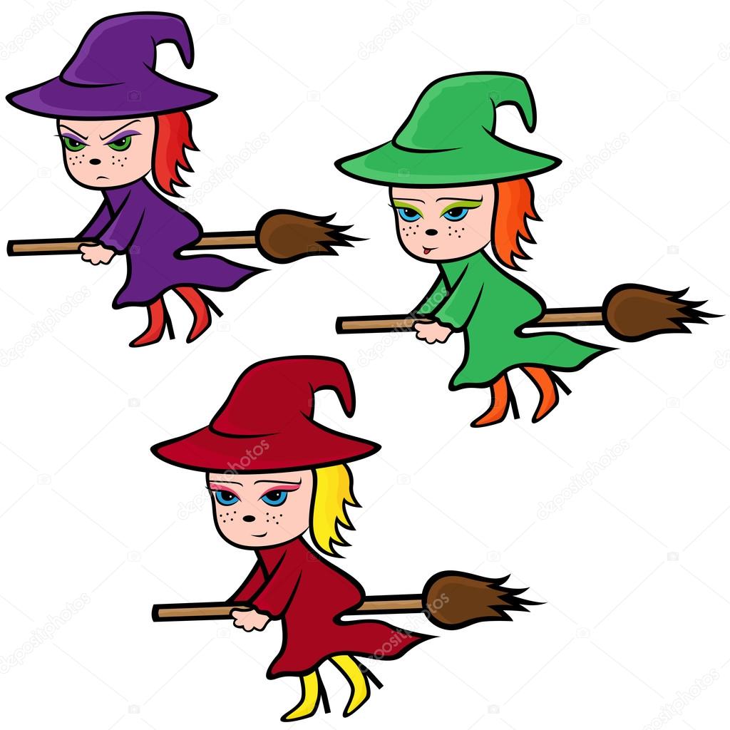Halloween set de tres Brujas de colores volando en una escoba con varios personajes de rostro aislados sobre fondo blanco, ilustración vectorial de dibujos