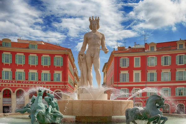 A view of the fountain Fontaine du Soleil at the Place Massena square in Nice, France