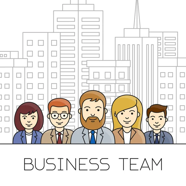 Business team concept. Business people outline icons on the city scape background.