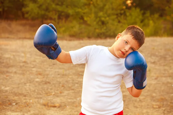 Boy with boxing gloves posing in the forest outdoors