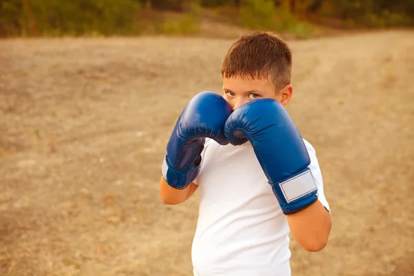 Boy with boxing gloves posing in the forest outdoors