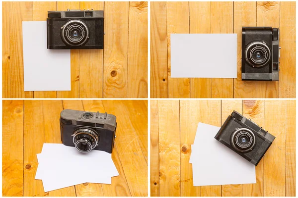 Two old cameras and photos on wooden background, set