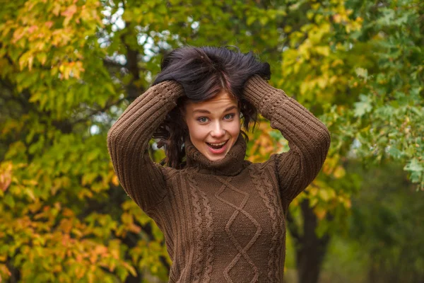 Beautiful girl in a brown pullover posing in autumn park