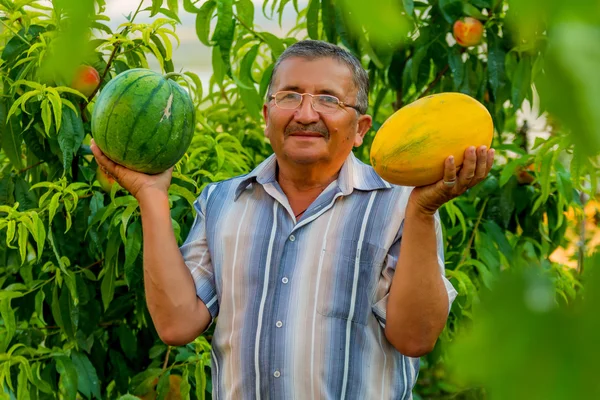 An old man with a melon and a water-melon