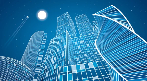 Business building, neon city, infrastructure illustration, modern architecture, skyscrapers, airplane flying, vector design art