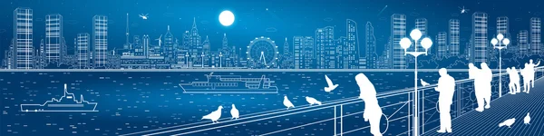 City life amazing panorama. Urban skyline. People watching from the bridge to the river and night megalopolis, ships on the water. Infrastructure and transportation illustration, vector design art