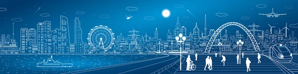 Amazing infrastructure and transport panorama. Train move, railway station, town square, people walk, ships on the water, night city skyline, arch bridge, airplane fly, vector design art