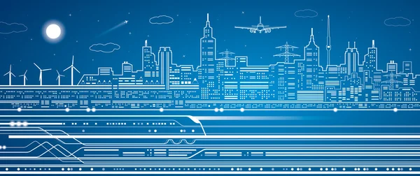 Vector lines train, train on the background of the light city, train go, airplane fly