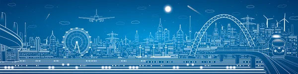 Vector industrial and transport panorama, vector lines landscape, night city, airlane fly, vector design