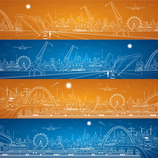 Vector industrial cargo port and transport panorama, vector lines landscape, night city, airlane fly, vector design