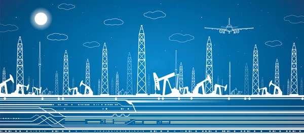 Petroleum panorama, industrial landscape, power plant, vector lines design