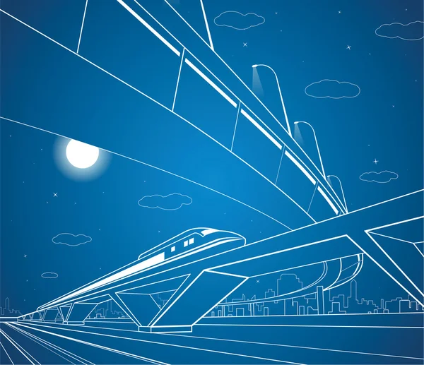 Train on the bridge, car overpass, vector industrial and transport composition, night city, vector design