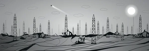 Petroleum panorama, industrial landscape, power plant, vector lines design, grey illustration