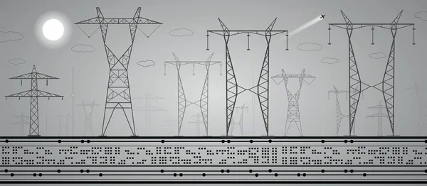 Energy panorama, power lines, industrial vector design, grey version