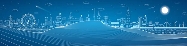 City at night in the desert, industrial mirage, mountains, night town, infrastructure panoramic, vector design