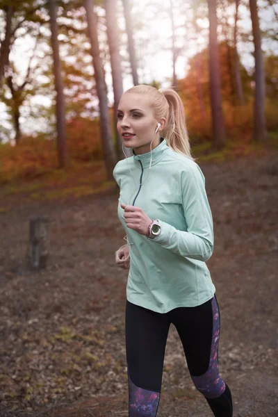 Woman jogging in the autumn forest.