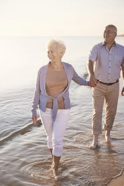 Senior couple walking in the sea water