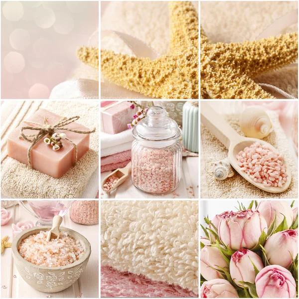 Collage with pink spa cosmetics
