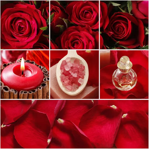 Collage with red roses and cosmetics