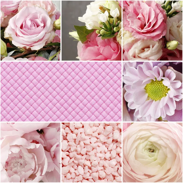 Collage with pink flowers, quilted pink pattern