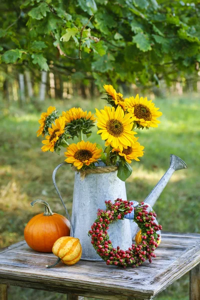 Beautiful bouquet of sunflowers in the garden