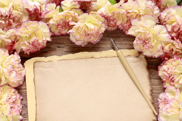 Carnation flowers and vintage sheet of paper