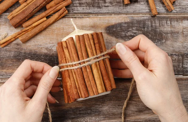 How to make candle decorated with cinnamon sticks tutorial