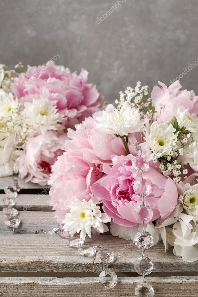 Floral arrangement with pink peonies, white chrysanthemums and g — Stock Photo © agneskantaruk