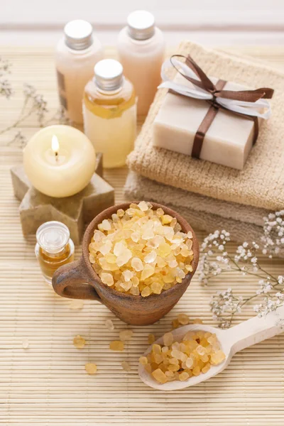 Spa set: bowl of sea salt, scented candle and bar of handmade so