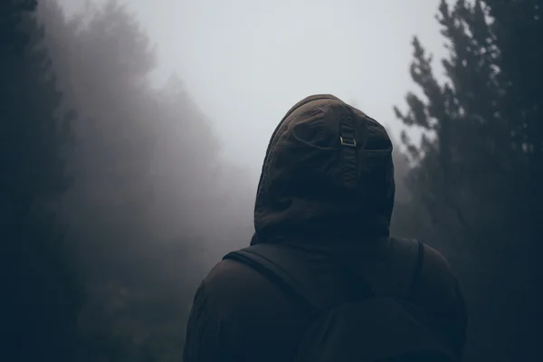 Man is walking in foggy forest.
