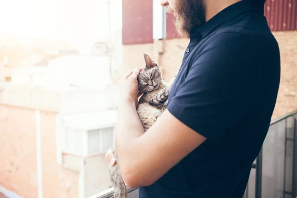 Beautiful man is holding and hugging cute curious Devon Rex cat