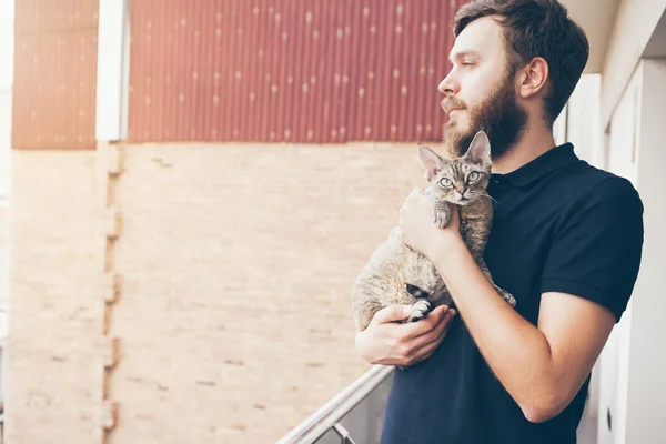 Beautiful man is holding and hugging cute curious Devon Rex cat