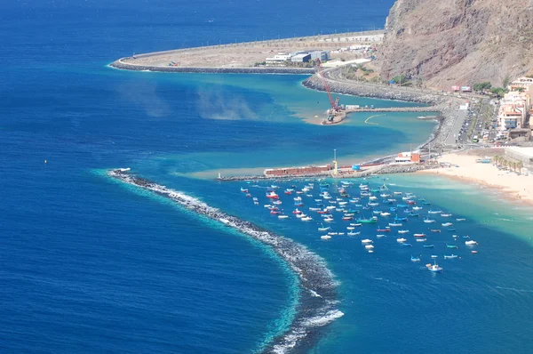 Colorful fishing boats on playa de las Teresitas on Tenerife island, Spain