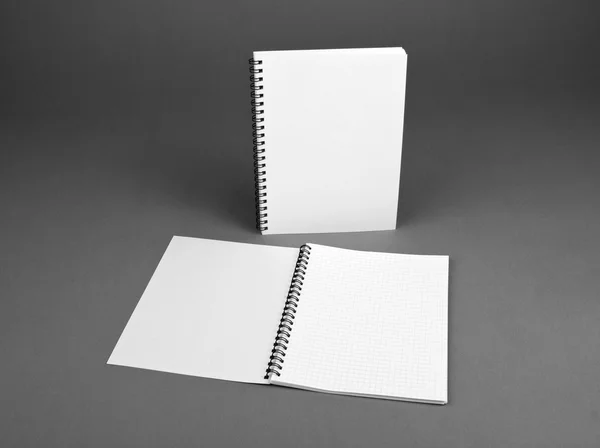 Blank spiral notebook on gray background