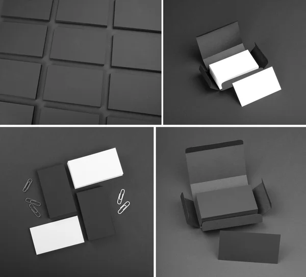 Set of business cards on a black background.